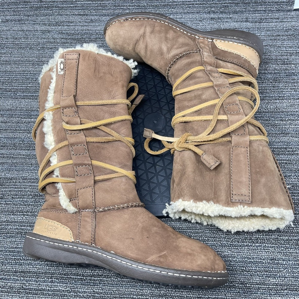 UGG Catalina Tall Boots Women 6 Brown Sheepskin Leather Lace Wrap Shearling Shoe